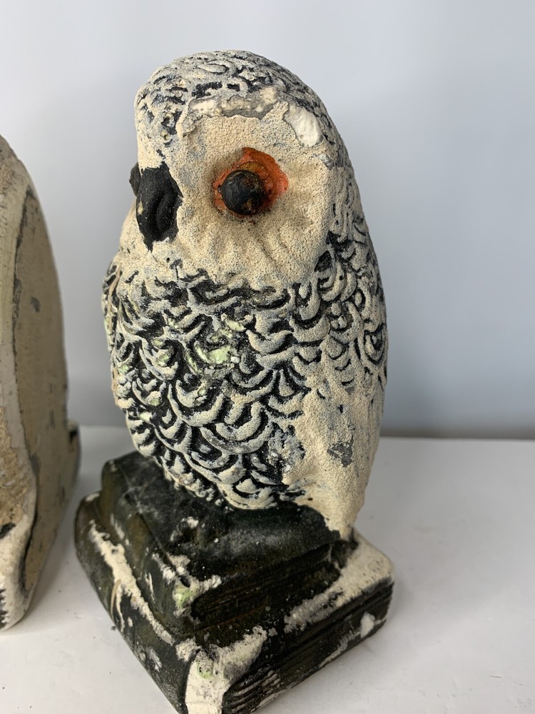 Chalkware Wise White Owl Bookends Knowledge MCM 6x4" Vintage