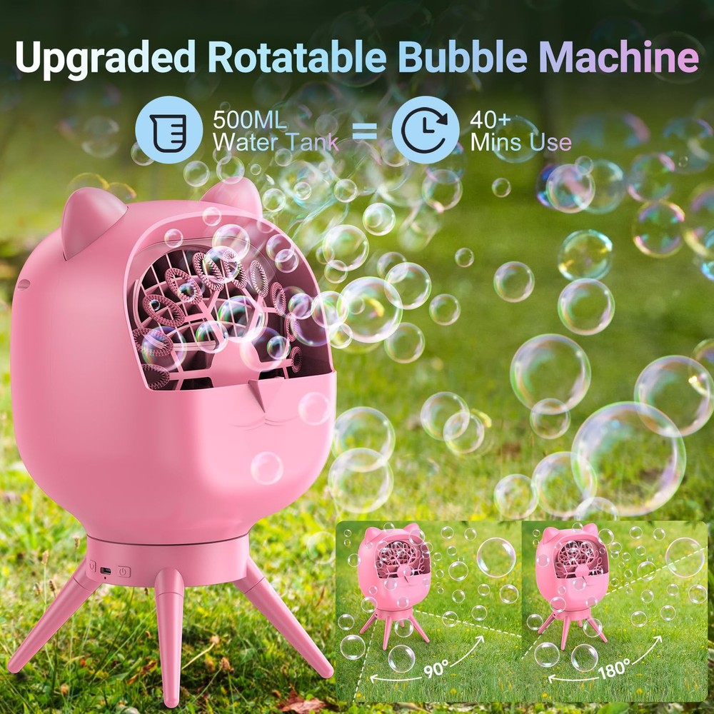 UckPure Automatic Bubble Machine Rechargeable Rotatable Pink 38000+ Bubbles/Min