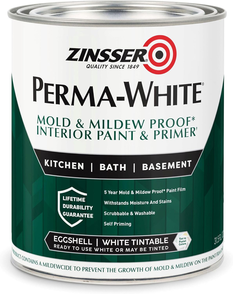 Zinsser 02774 PERMA-WHITE Mold & Mildew Proof Interior Paint, Quart, Eggshell Wh