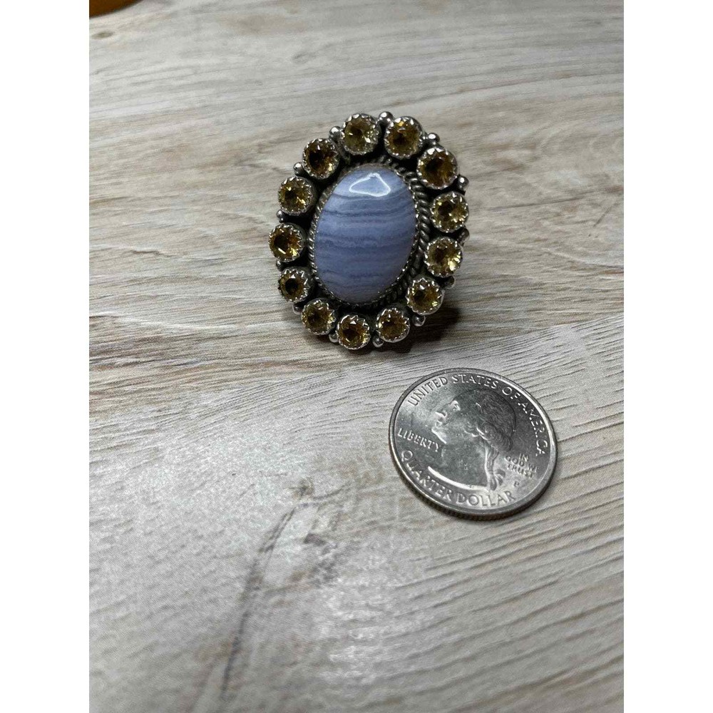 Blue Lace Agate with Citrine Cluster Sterling Silver Ring