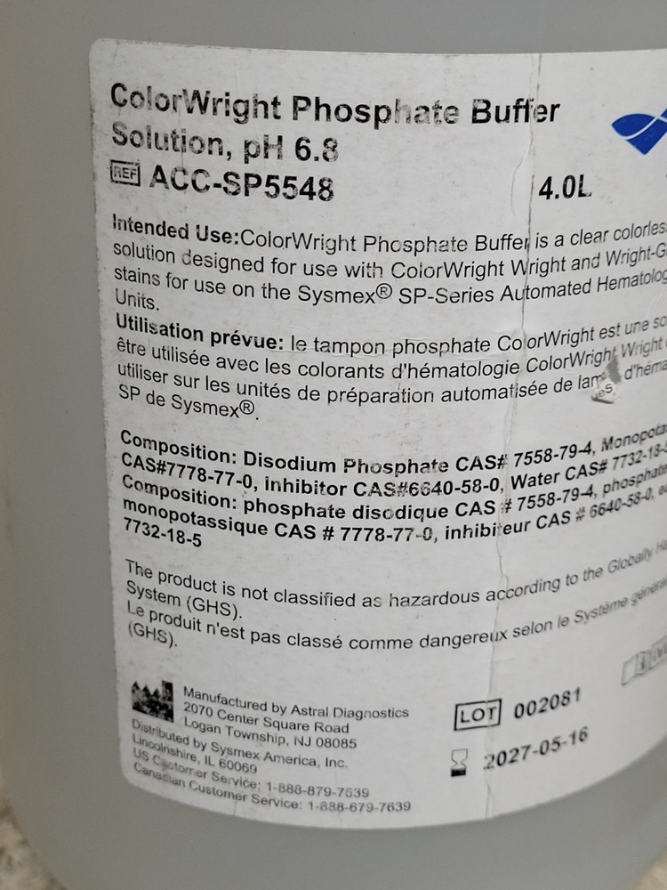 x3 Sysmex 4.0L ColorWright Phosphate Buffer Solution pH 6.8 Hematology 5/2027