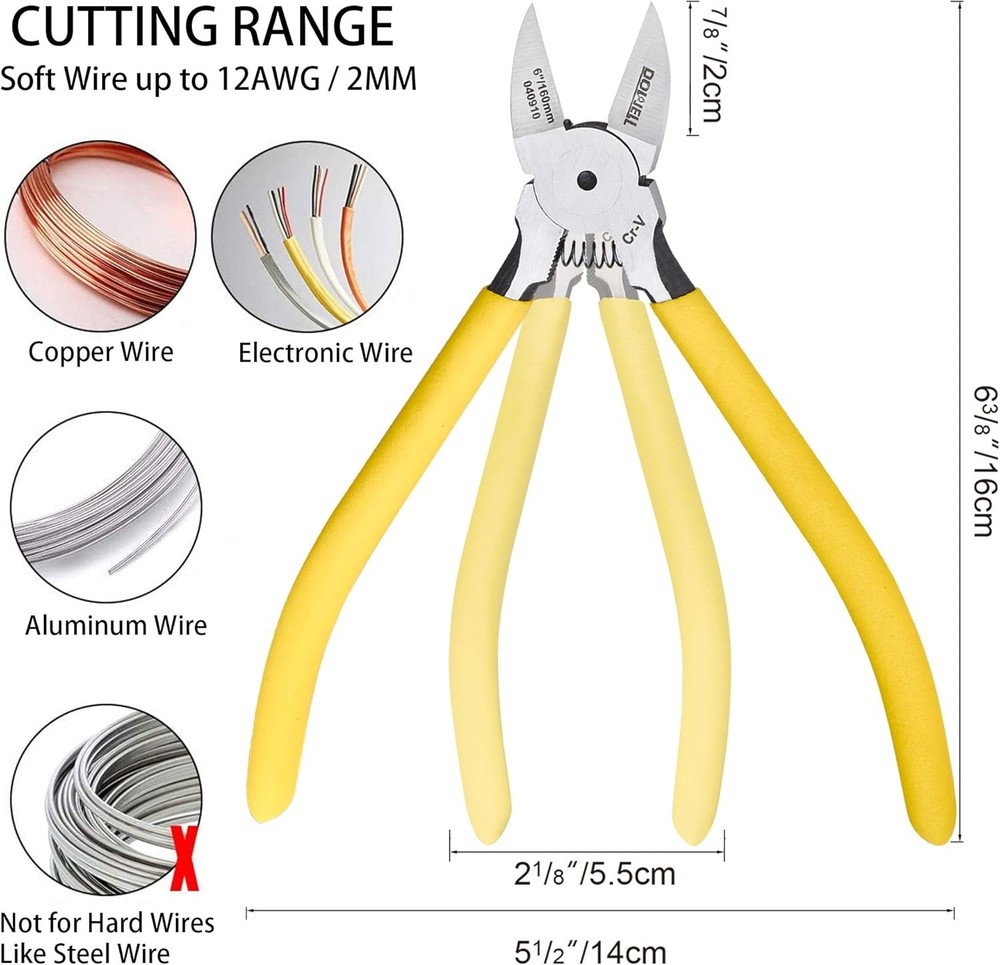 DOWELL Micro Wire Cutter Diagonal Flush Cutters 6 Inch Precision Side Yellow