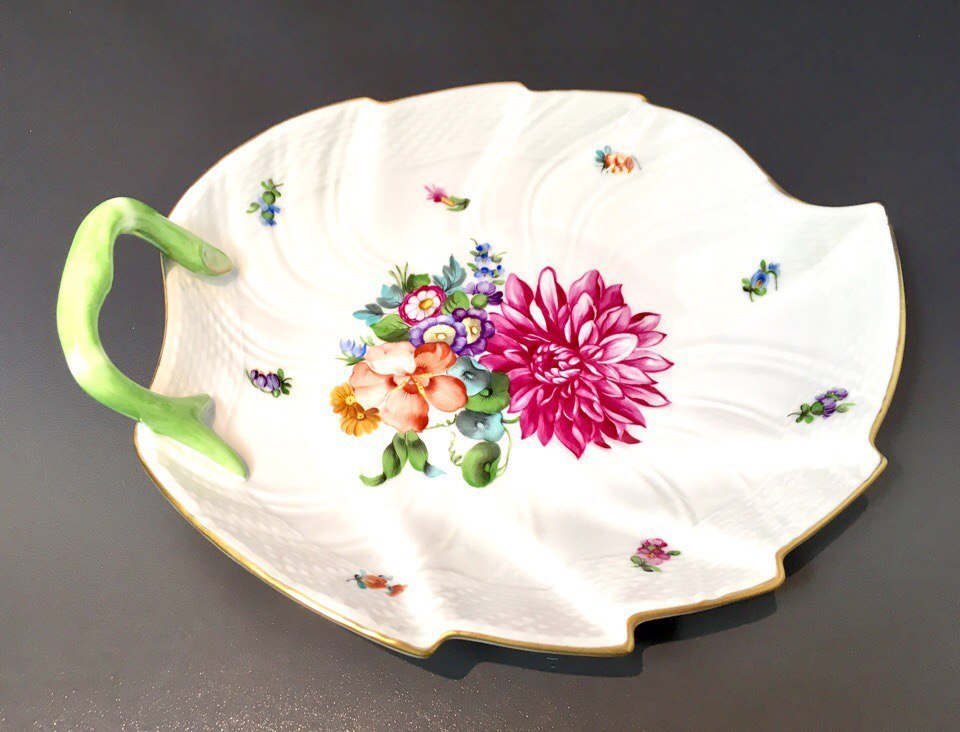 Herend BU 3 (Unique Bouquet Pattern 3) Leaf Dish - 1200 - Handpainted - NEW