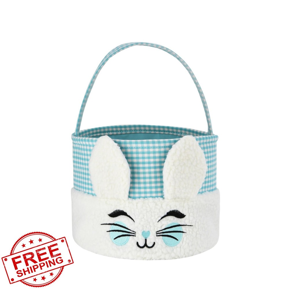 Blue Plush Easter Bunny Basket with Handle for Egg Hunts Candy