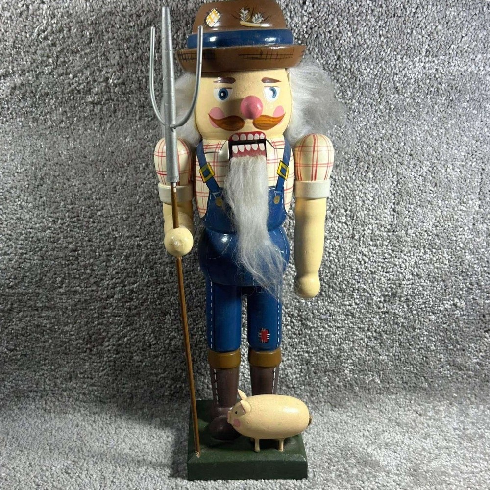 Farmer Nutcracker Blue Overalls with Pitchfork and Pig Decor