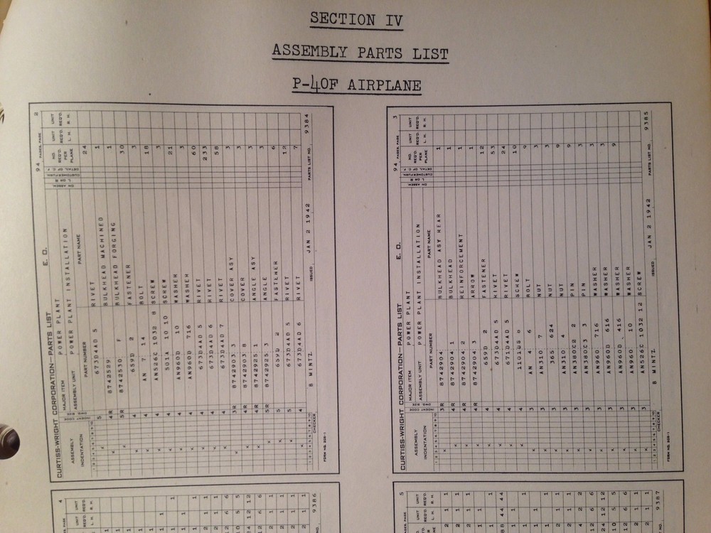 Original 1942 Curtis Wright P-40F Warhawk Parts Manual