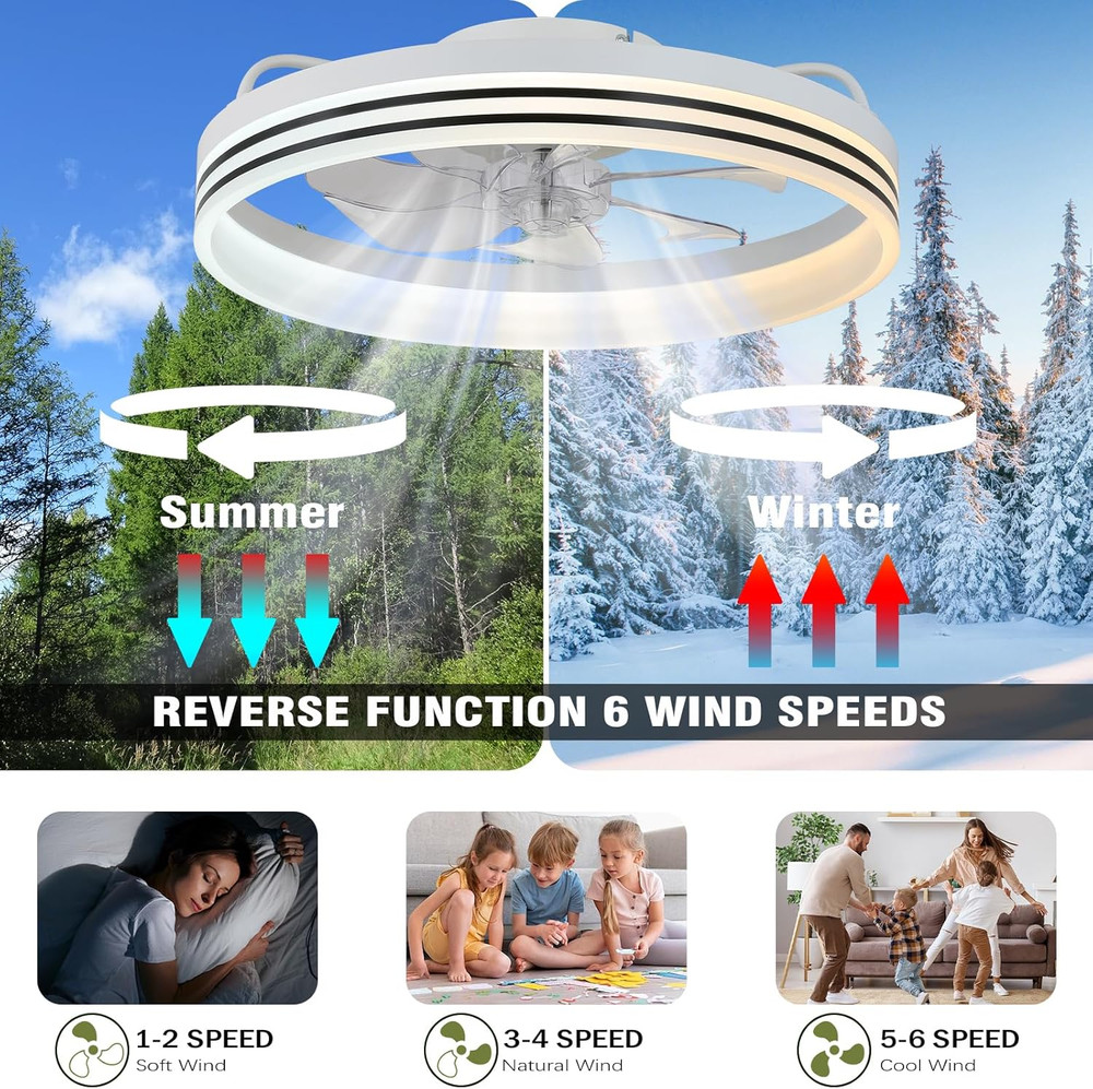 Modern 20" Bladeless Ceiling Fan with Dimmable Lights for Home - White
