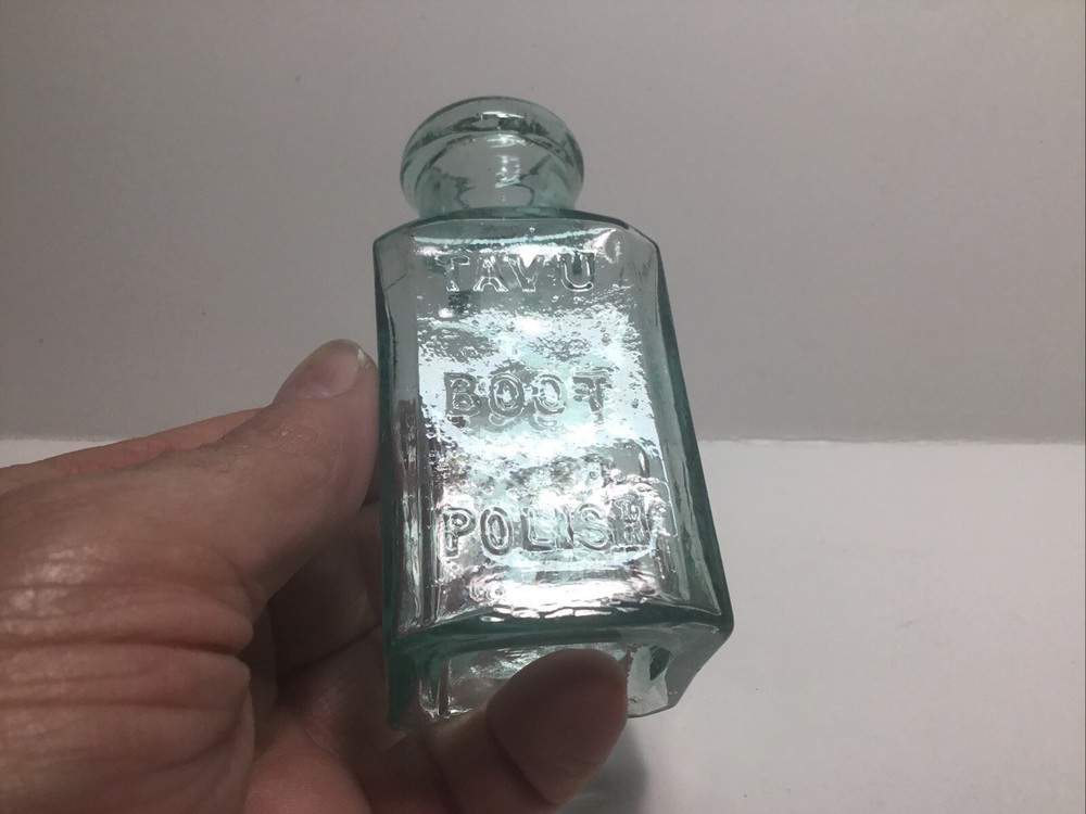 Small Square Antique Aqua Tavu Boot Polish Bottle.