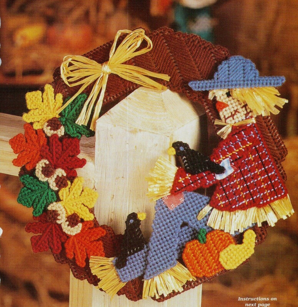 SCARECROW WREATH AUTUMN FALL DECOR PLASTIC CANVAS PATTERN INSTRUCTIONS