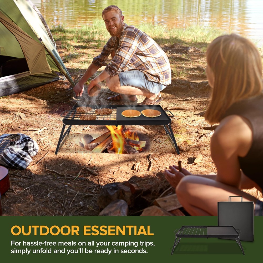 Foldable Carbon Steel Campfire Grill Portable Grate Griddle Fire Pit BBQ