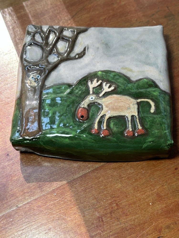 Studio Pottery Signed Stoneware Moose Tile Signed HC 7.50"