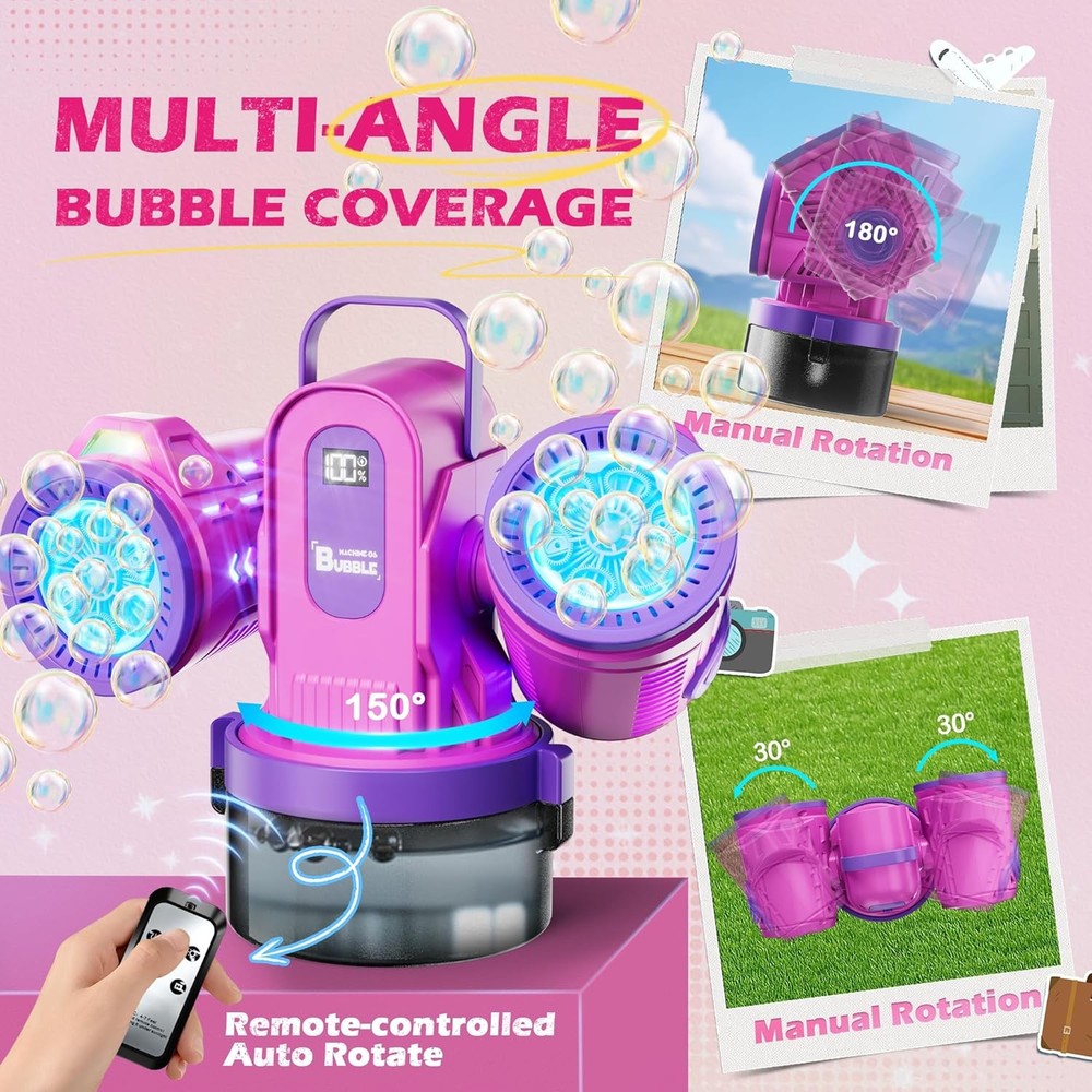 Dual-Engine Bubble Machine with RGB Lights & Remote Control, 150° Auto Rotation,