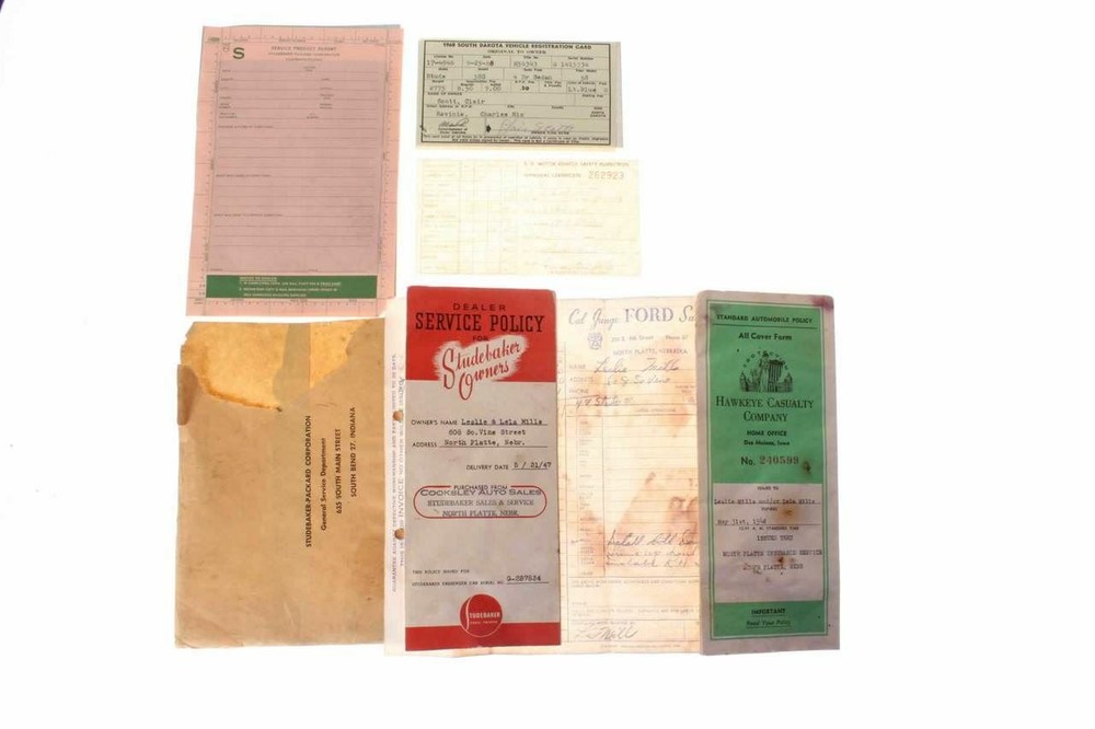 Vintage Studebaker Paperwork Service Record  Insurance Registration