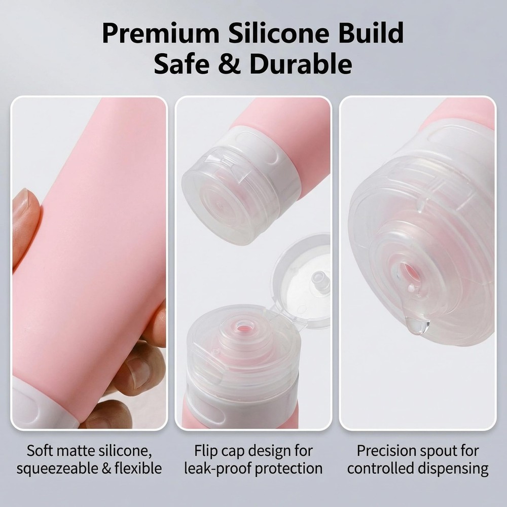 ‌3Pcs 80ml/2.7oz Pink Empty Refillable Silicone Squeeze Tubes with Transparen...