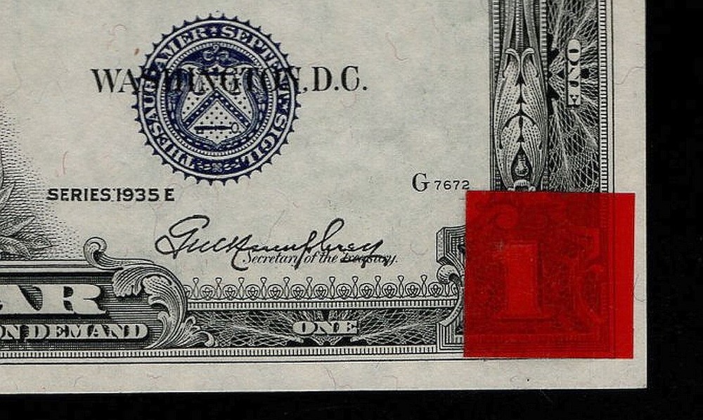 $1 1935E Silver Certificate PCGS 65 Overprint Misalignment Error Rejection Tag