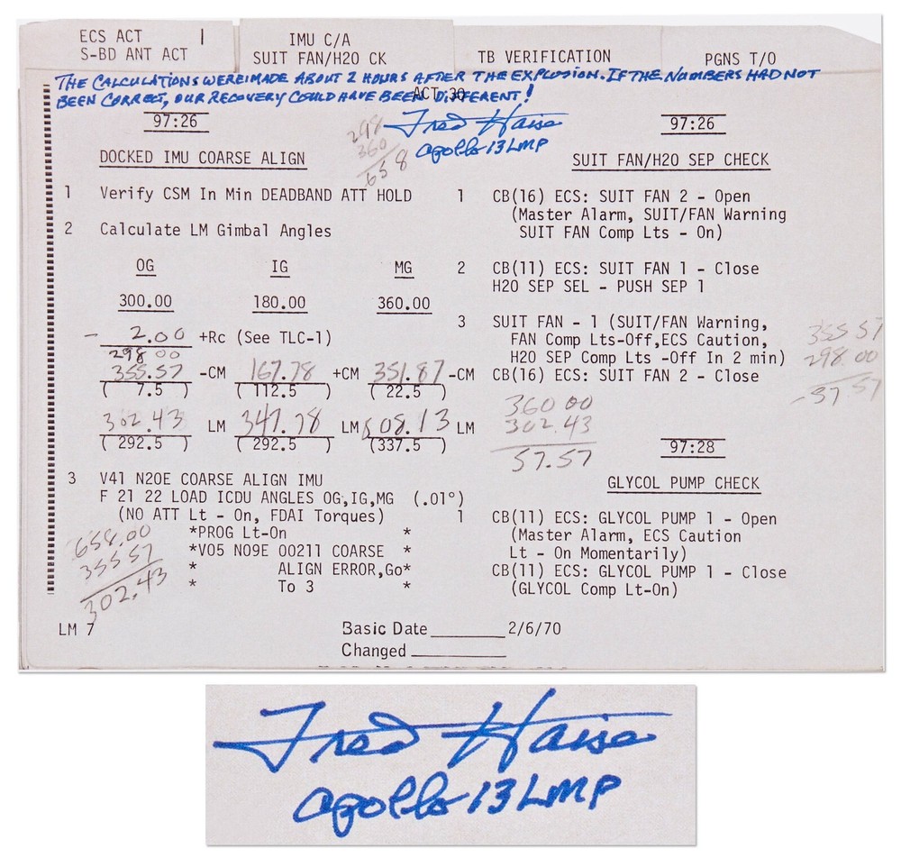 Fred Haise Signed Apollo 13 Flight Plan Notes