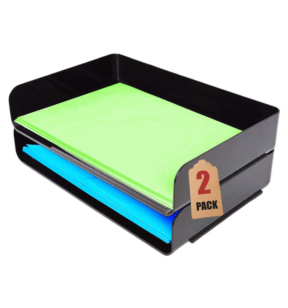 Stackable Paper Tray Legal Size Desk Organizer Side Load Black 2-Pack