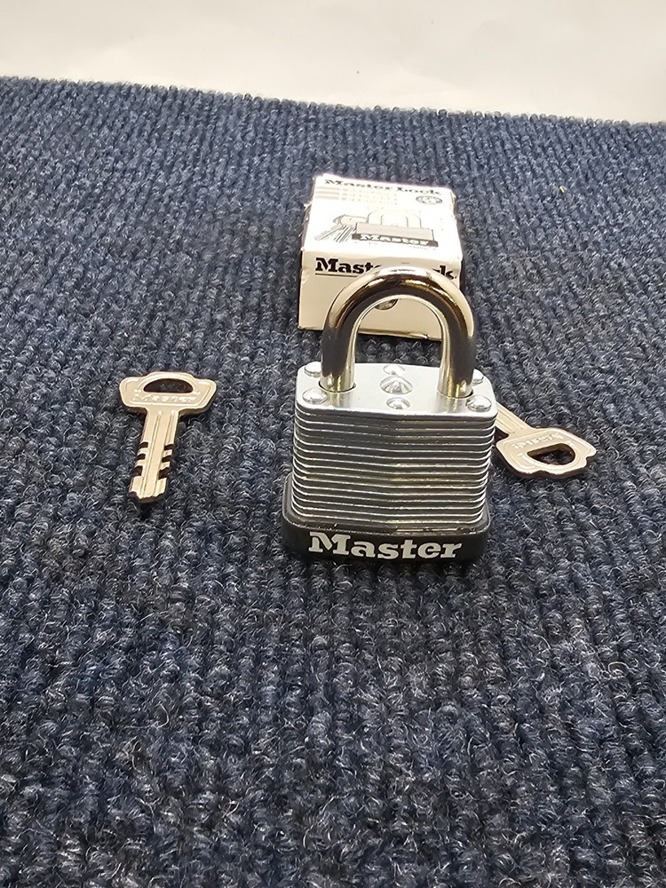 (QTY 4) Master Lock Padlock Rectangular Silver Steel 1-1/8"H W/ Keys