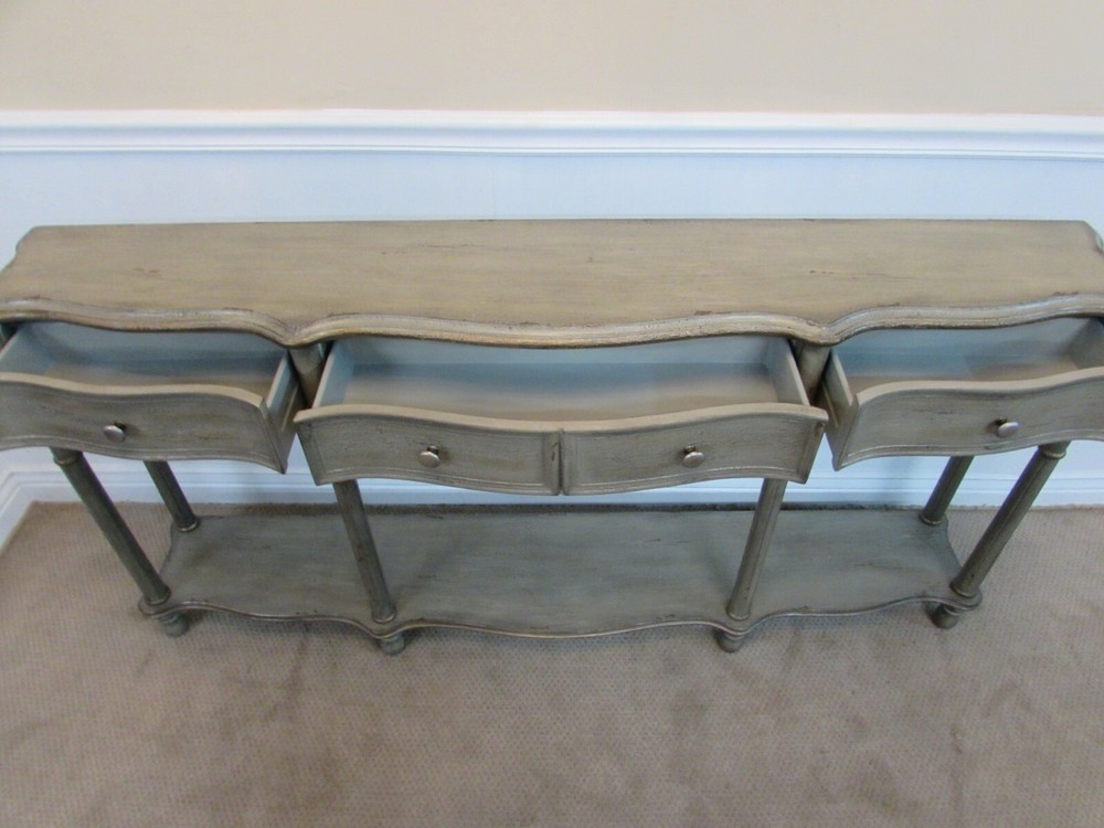 DECORATORS TWO TIER CONSOLE, SOFA TABLE, THREE DRAWERS, GREY FACTORY FINISH