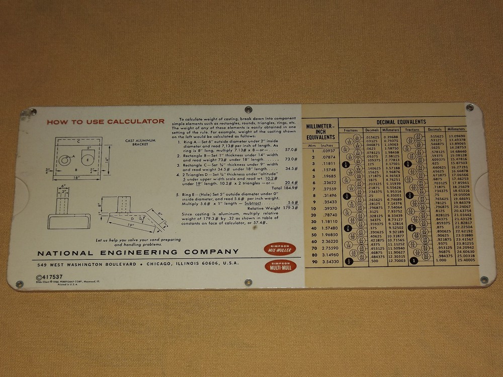 VINTAGE 1966 SIMPSON CASTING WEIGHT SLIDE CHART CALCULATOR