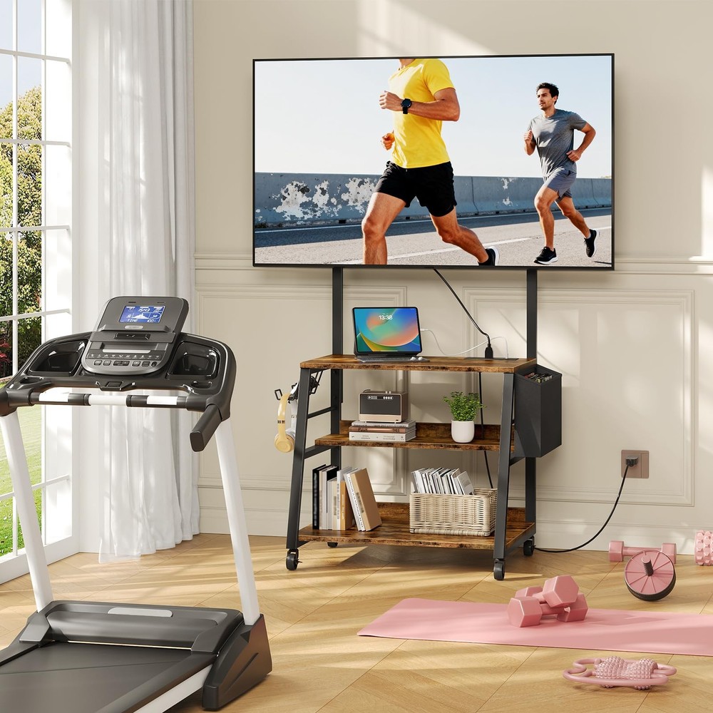 Mobile TV Stand with Charging Station, Adjustable Mount and Wheels, Rolling T...