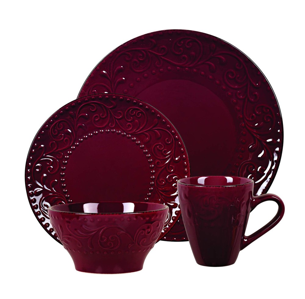 16 Piece Stoneware Scroll Dinnerware Red