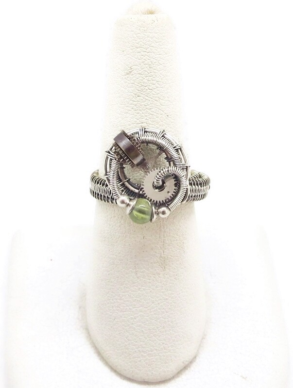Adjustable Peridot Steampunk Ring in Sterling Silver & Stainless Steel