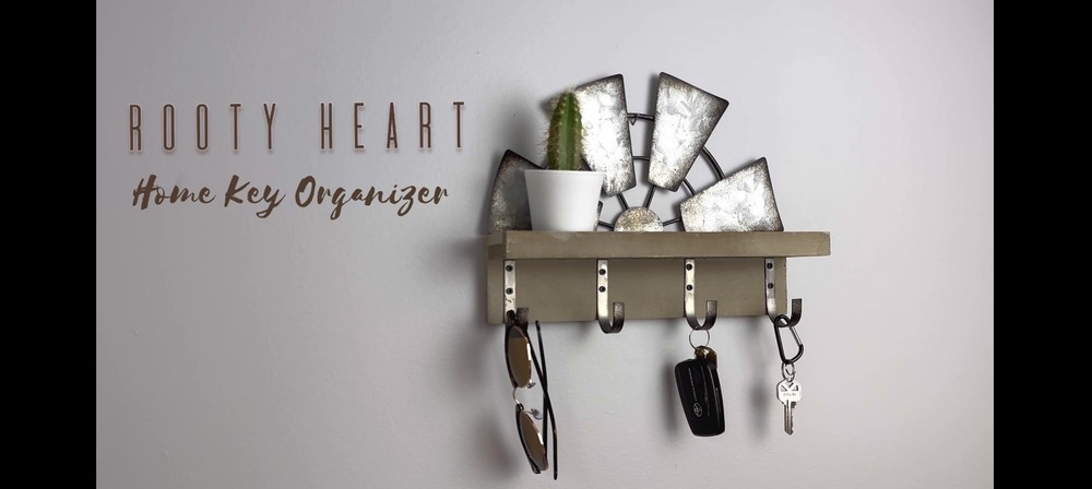 Rustic Windmill Key Holder Wall Mount - Decorative Mail Rack with Shelf & 4 Hook