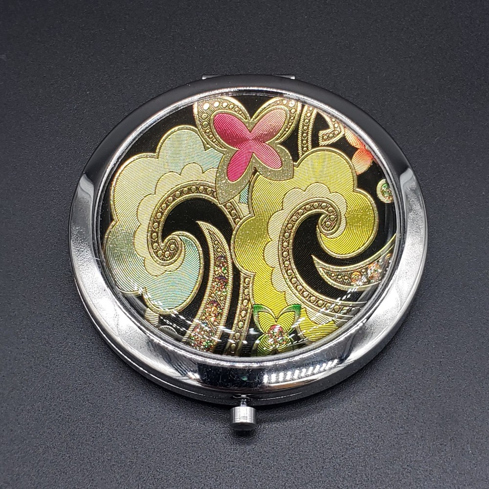 Foiled Decorated Silvertoned Double Mirrored Compact New