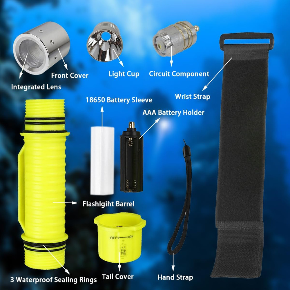 Rechargeable Diving Flashlight Scuba Dive Light Super Bright, Underwater Flashli