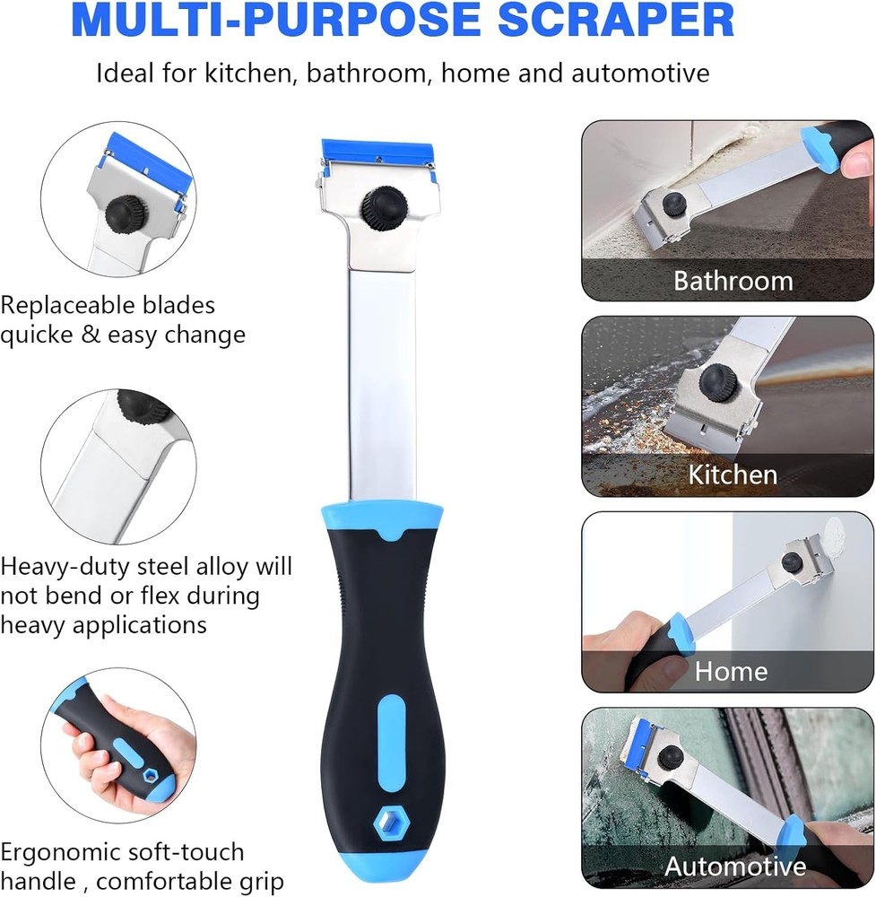 Blade Scraper Tool with 10 Metal & 10 Plastic Replacement Blades, Long Handle US