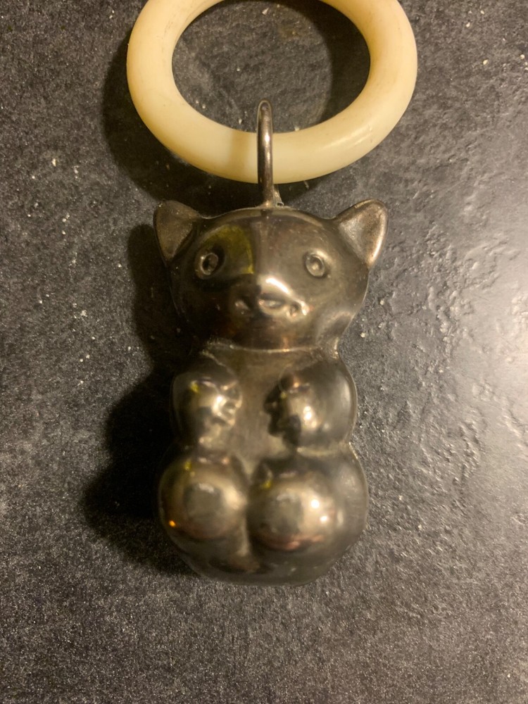 Antique Silver Teething Ring Teddy Bear