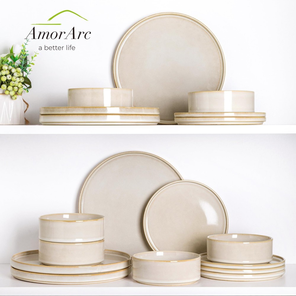Ceramic Dinnerware Sets, Handmade Reactive Glaze Vanilla White Service for 4