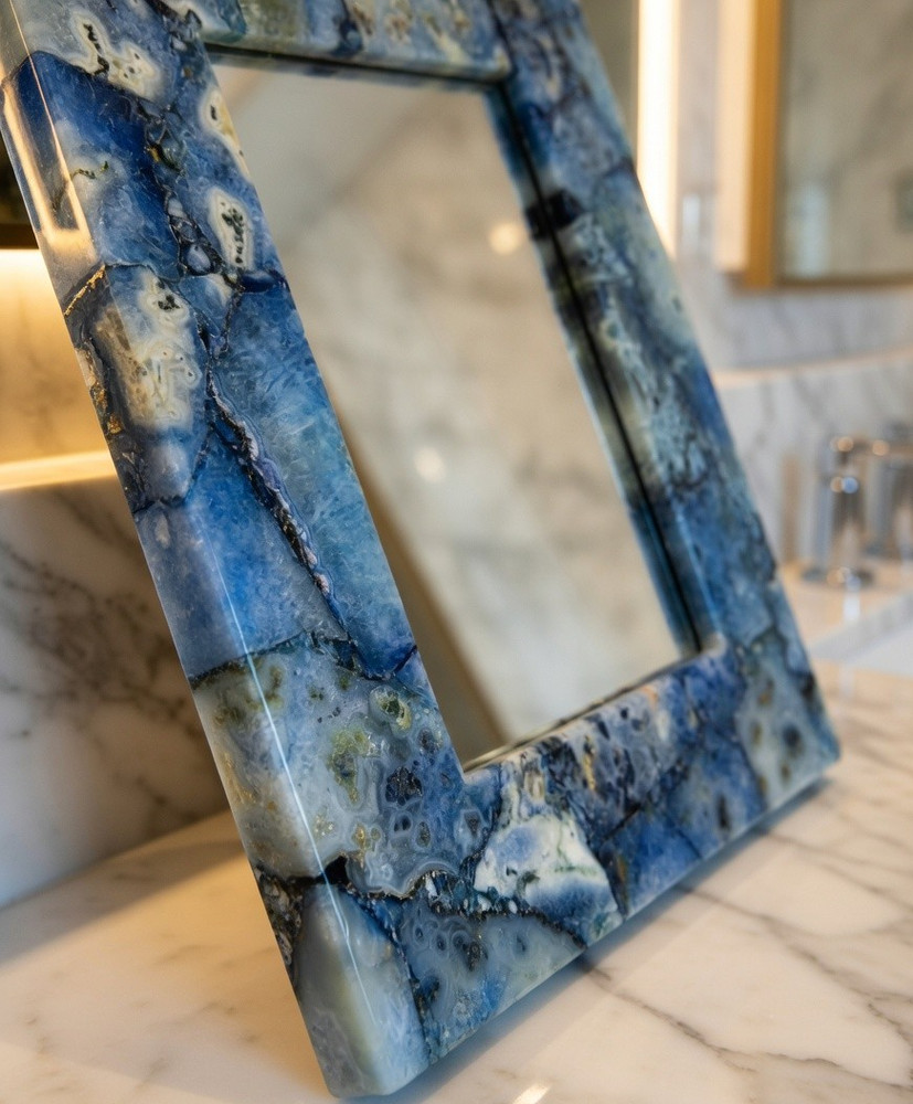 Handmade blue Quartz Mirror – Natural Agate Stone Wall Decor for Modern Interior