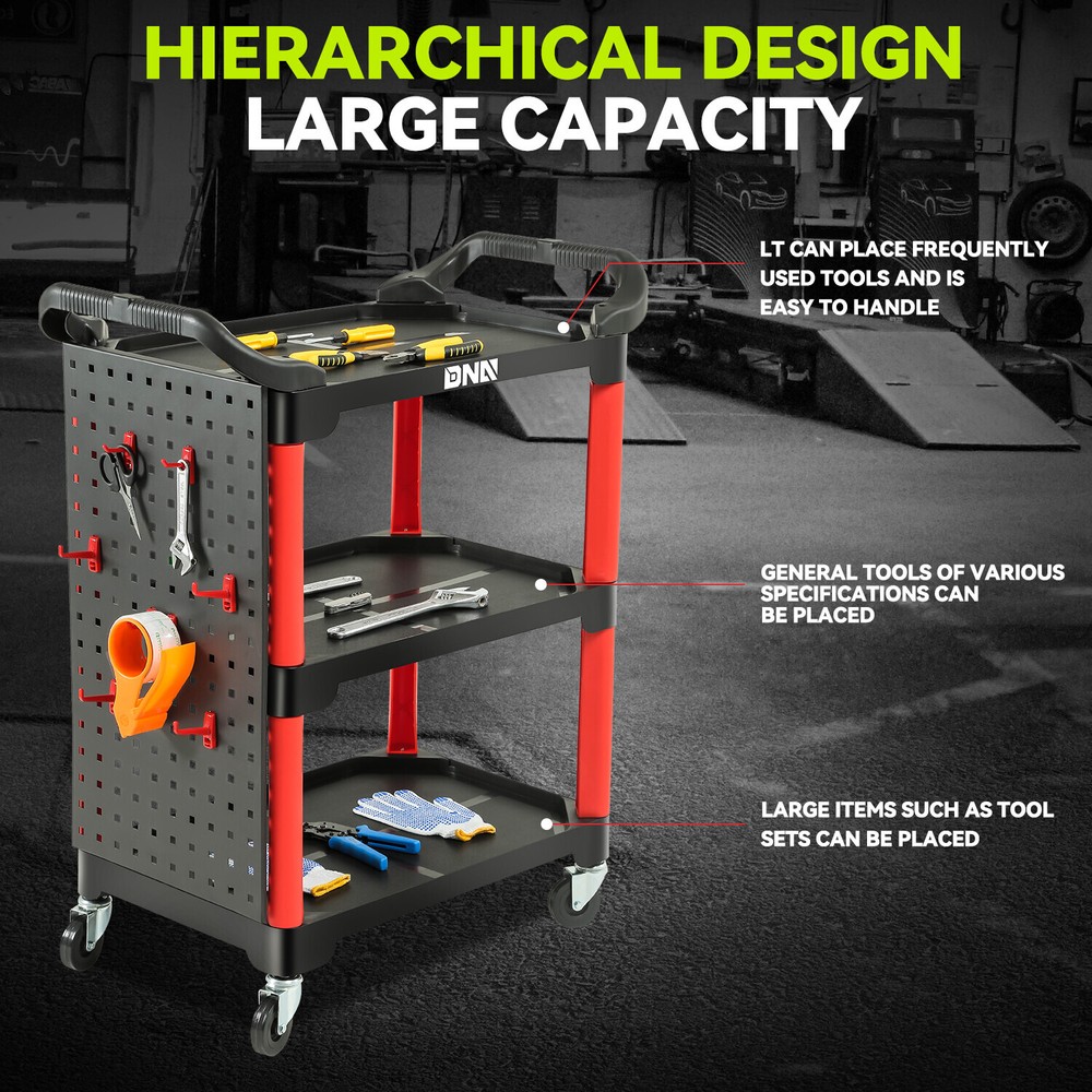 3-Level 260 LBS w/ Hanging Board Mobile Casters Composite Workshop Tool Trolley