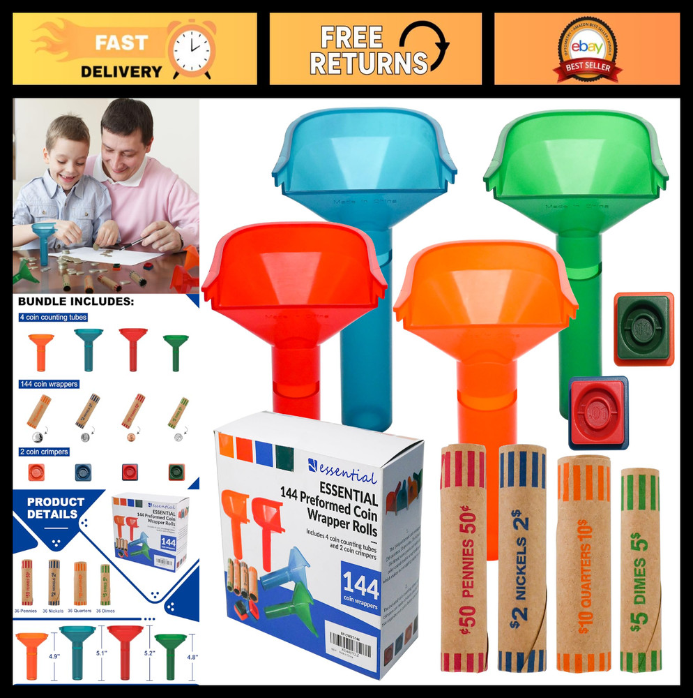 144 Pcs Assorted Coin Wrapper Rolls with Color Coded Tubes & Crimping Tool