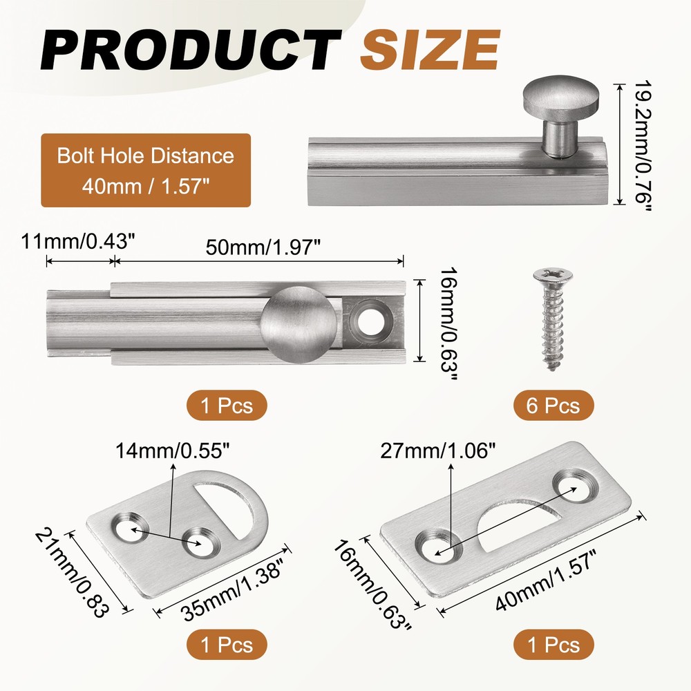 2" Solid Brass Surface Bolt, Brushed Slide Latch Door Lock, Silver