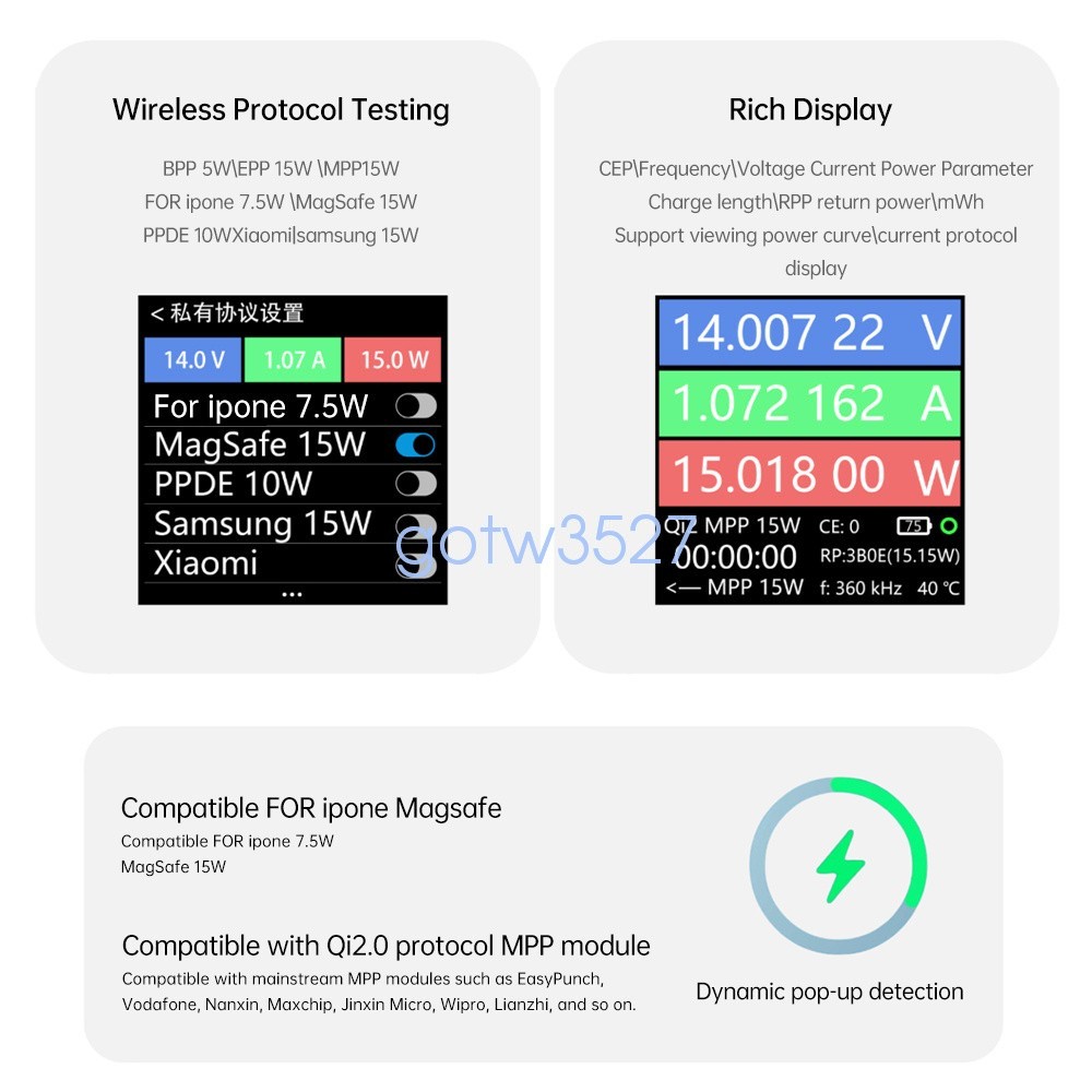 LCD Magnetic Wireless Charging Tester Voltage Current Power Meter Fast Charging