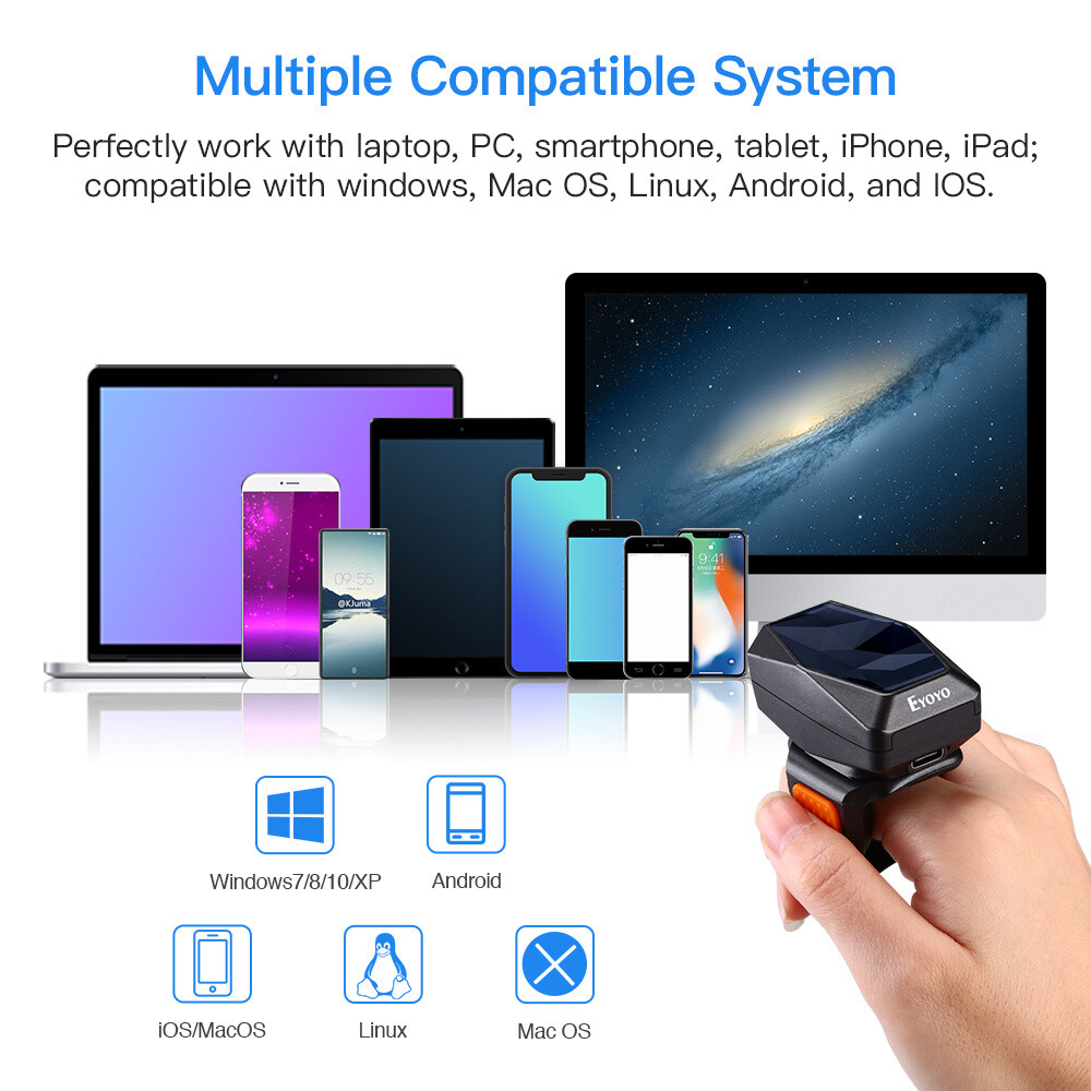Eyoyo Mini 2D Barcode Scanner Wearable Ring Bluetooth Fnger Reader For iPhone PC