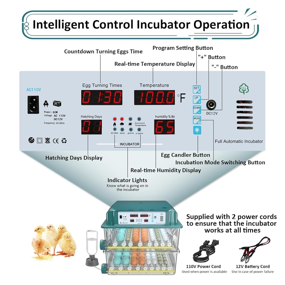 Incubators for Hatching Eggs 120, Chicken Egg Incubator with Automatic Egg Tu...