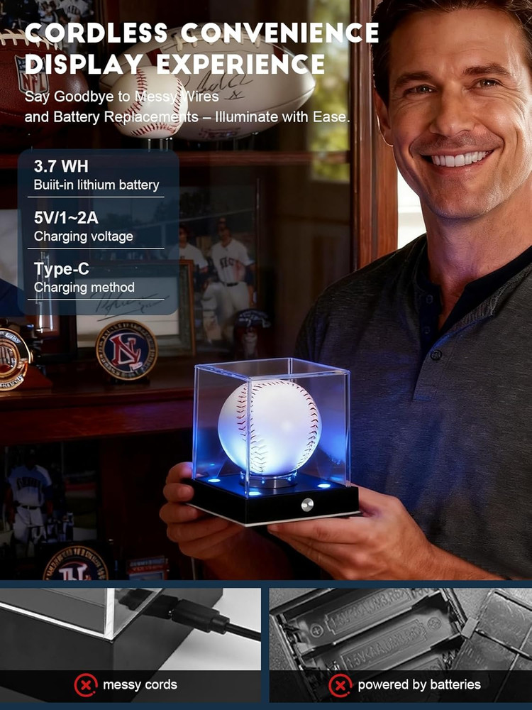 Baseball Display Case Led, Clear Cube Baseball Holder with Memory Function, Auto