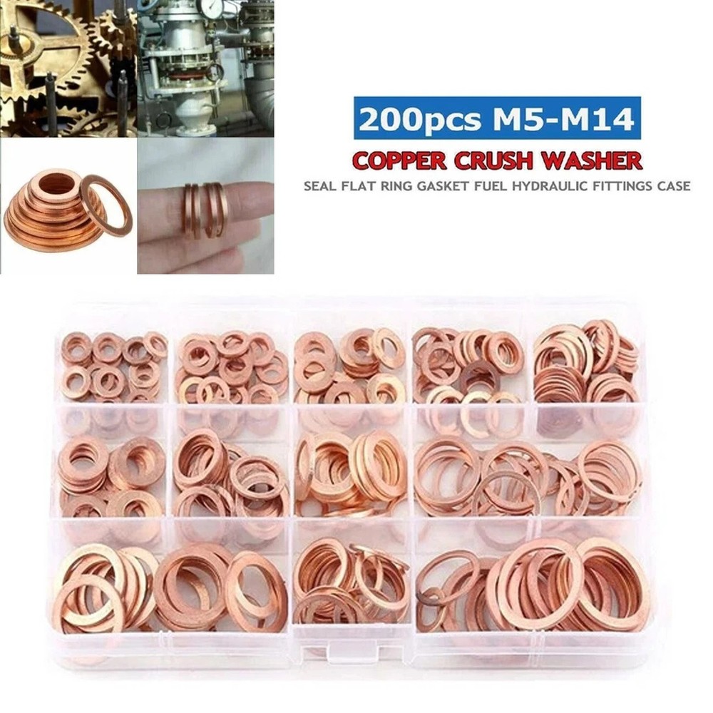 200x Solid Copper Crush Washer Gasket Set Flat O-Ring Seal Assortment Kits US
