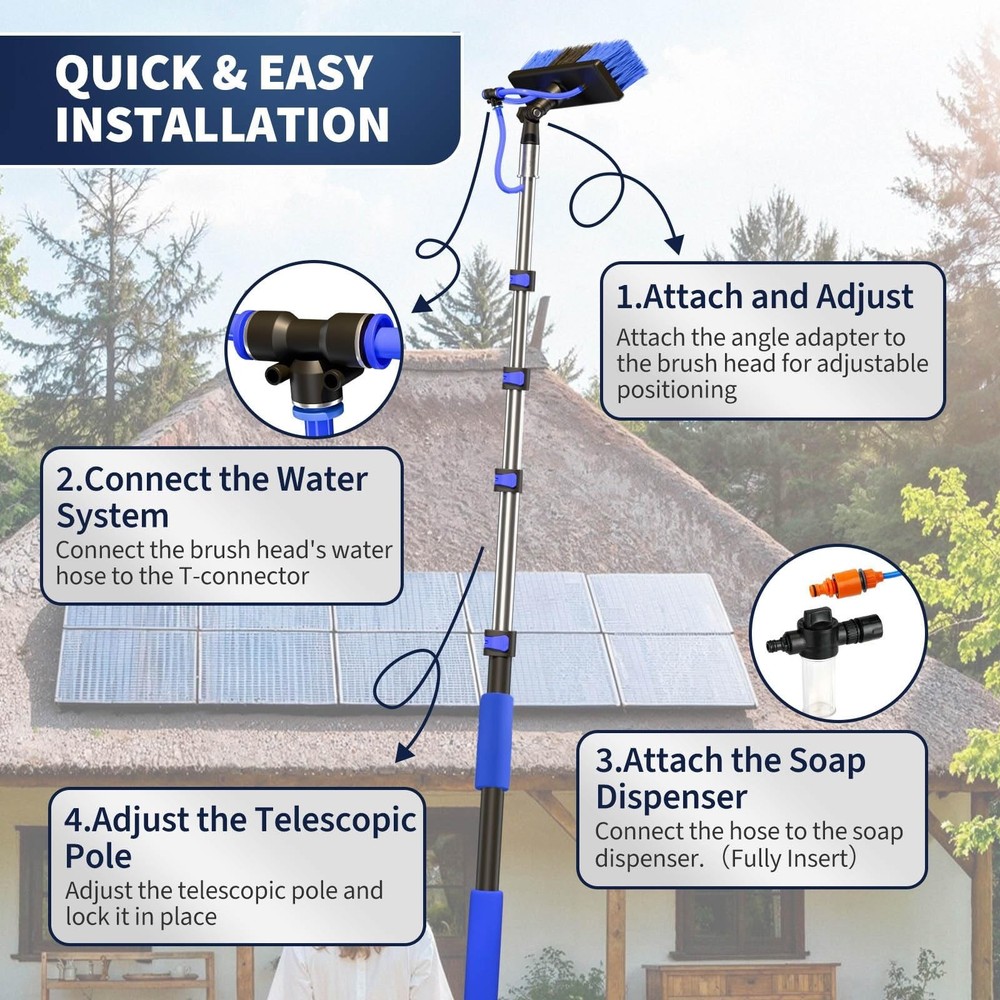 20FT Water Fed Solar Panel Cleaning Kit, Telescopic Solar Panel Cleaning Brus...
