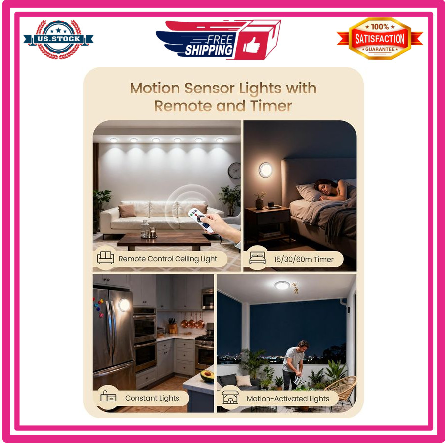 Rechargeable Motion Sensor Ceiling Light Wireless Dimmable Remote 3 Color