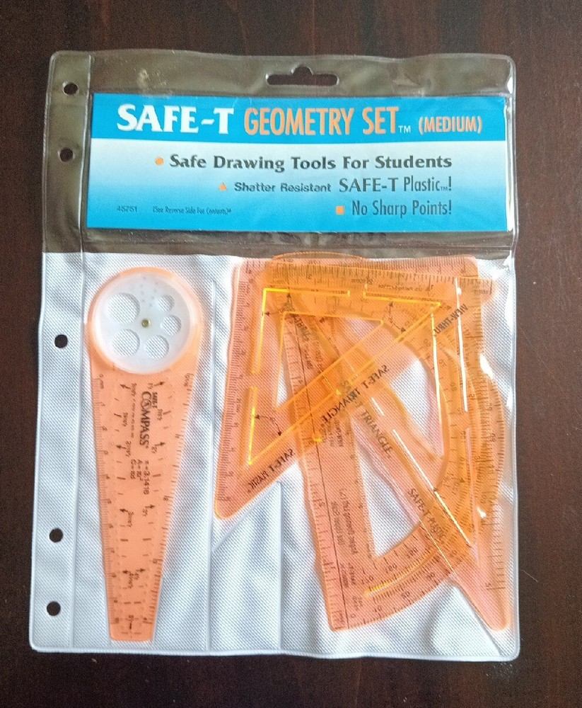 Brand New Safe-T 4 Piece School Set (45° & 60° Triangle, Compass & Protractor