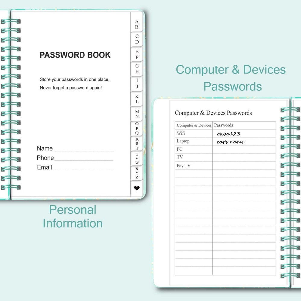 Password Book with Alphabetical Tabs - Spiral Password Notebook for Internet