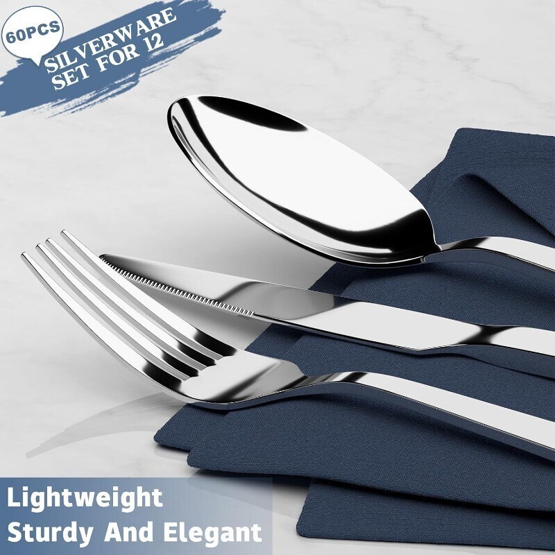 60 Piece Silverware Set For 12 Stainless Steel Flatware Tableware Set Cutlery