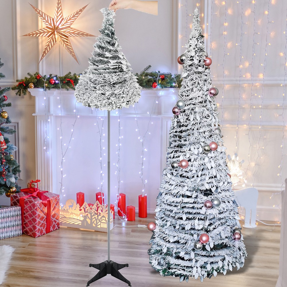 6ft Christmas Tree Foldable Full Tree Pre-Lit Snow Flocked LED String Light Xmas