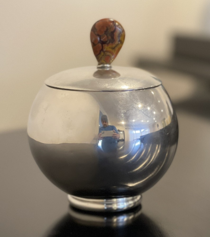 Mid-Century Modern MCM American Sterling Silver Covered Bowl with Agate Handle