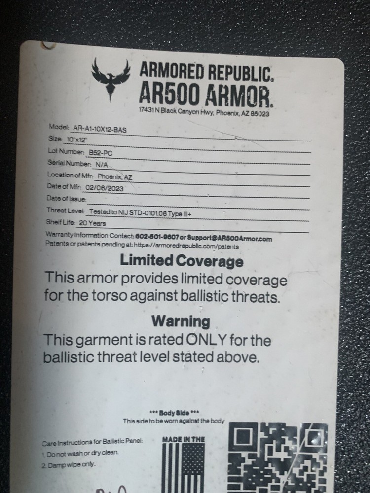 10x12 bullet proof plate Level 3+